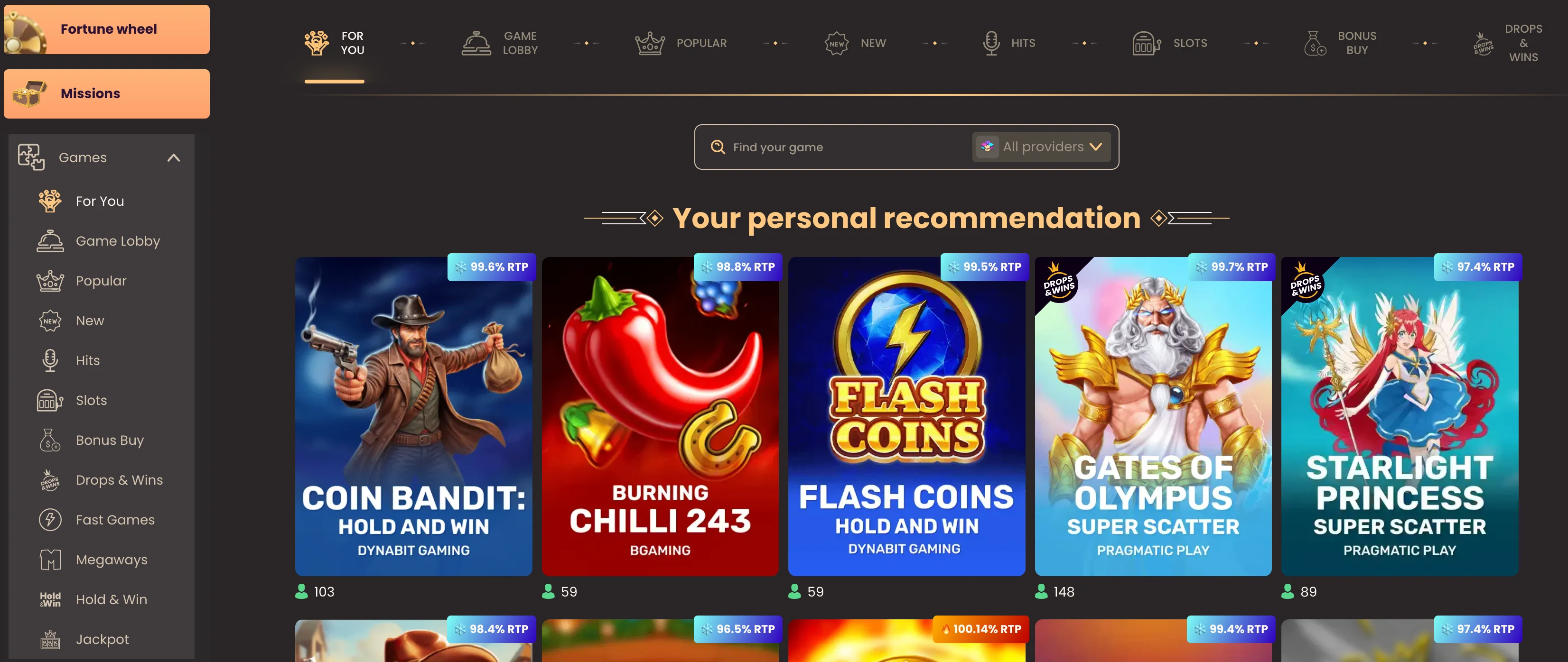 National-Casino-Lobby mit Kategorien, Suche, Spielempfehlungen und Live-RTP-Werten
